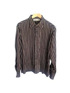 PERRY ELLIS-Brown Stripes 100% Cotton button front Mens Dress Shirt Size X-LARGE